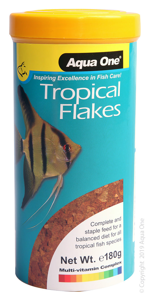 Aqua One Tropical Flakes Fish Food 180g, Pet Essentials Warehouse, Fish Food Flakes, Pet Essentials Hastings