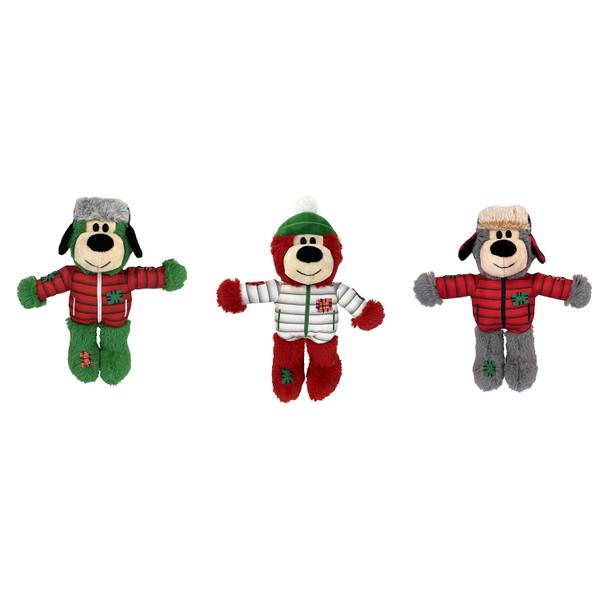 Kong Christmas Holiday Wild Knots Bear Snuggle Plush assorted colours, christmas dog toys, pet essentials warehouse