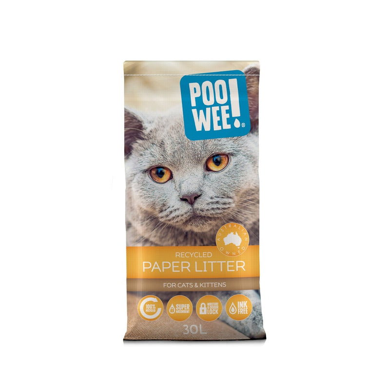 PooWee Ink Free Recycled Paper Cat Litter 30L, Kitty Fresh Recycled cat litter paper front view, pet essentials warehouse