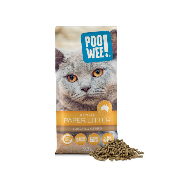PooWee Ink Free Recycled Paper Cat Litter 30L, Kitty Fresh Recycled cat litter paper, pet essentials warehouse