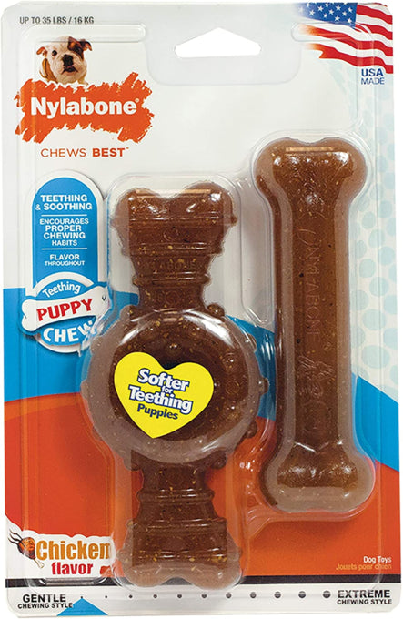 Nylabone Puppy Chew Bone & Ring Bone Twin Pack Dog Toy, Soft for teething Puppies, Chicken Chew, Pet Essentials Warehouse