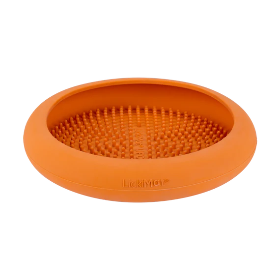 Lickimat UFO orange side view with no packaging, slow feeding bowls, Pet Essentials Warehouse, Pet City