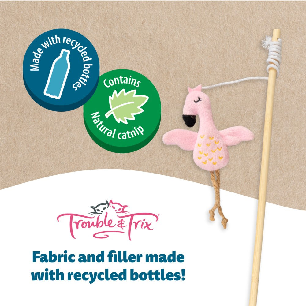 TROUBLE & TRIX RECYCLIES CAT TOY - FLAMINGO WAND, cat nip cat toy, Recycled bottles, Recycled cat toys, Pet Essentials Warehouse