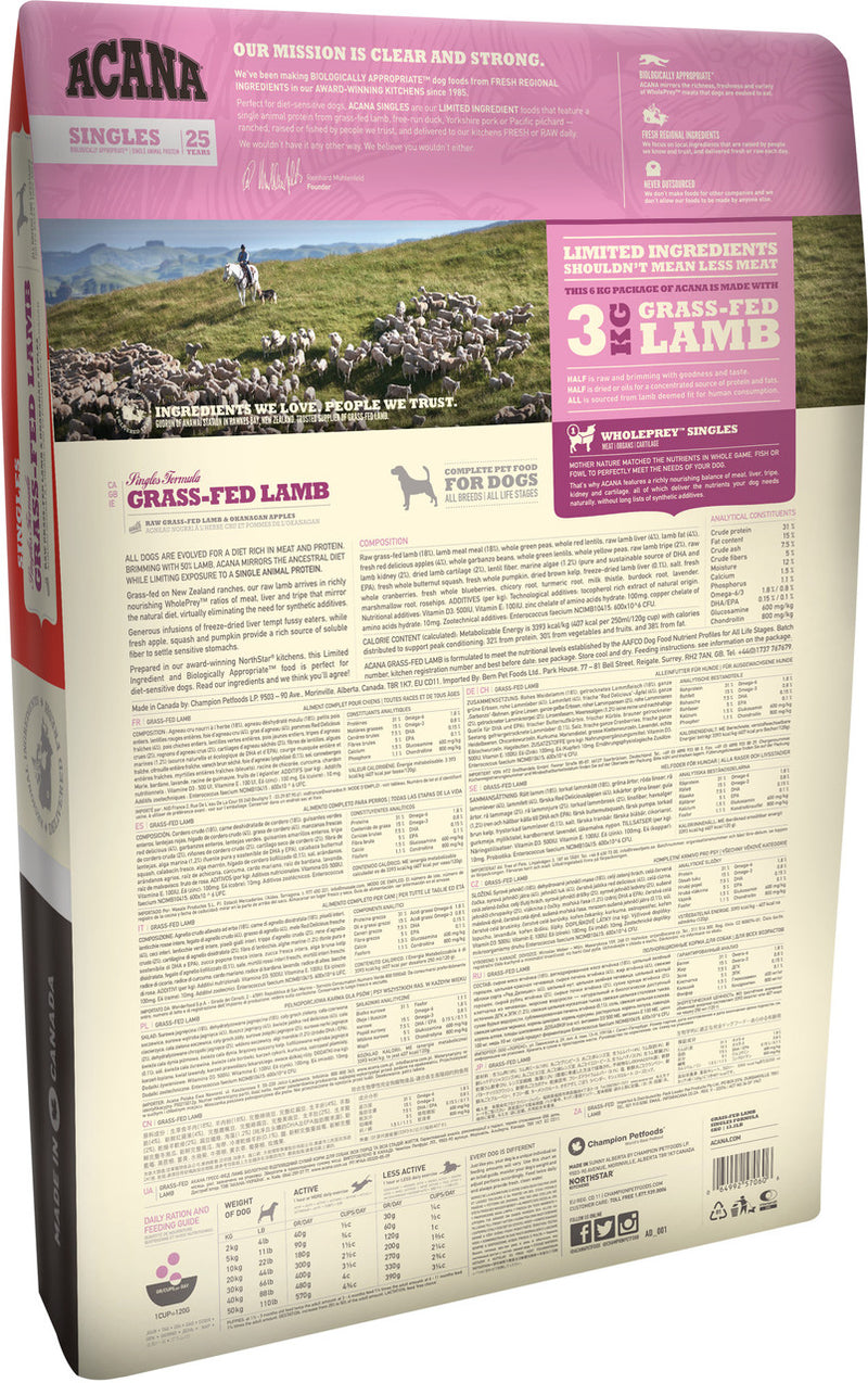 Acana Singles Grass-Fed Lamb Dry Dog Food barcode, Pet Essentials warehouse