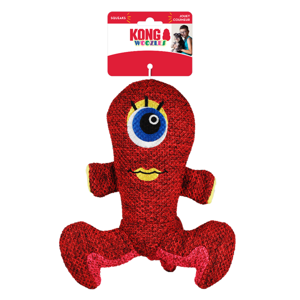 Kong Woozles Plush Squeaker red Alien Dog Toy, Pet Essentials warehouse