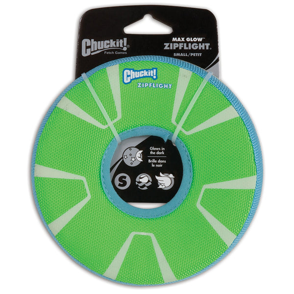 Chuckit! Zipflight Max Glow Small Dog Toy, chuck it glow in the dark frisbee dog toy, pet essentials warehouse