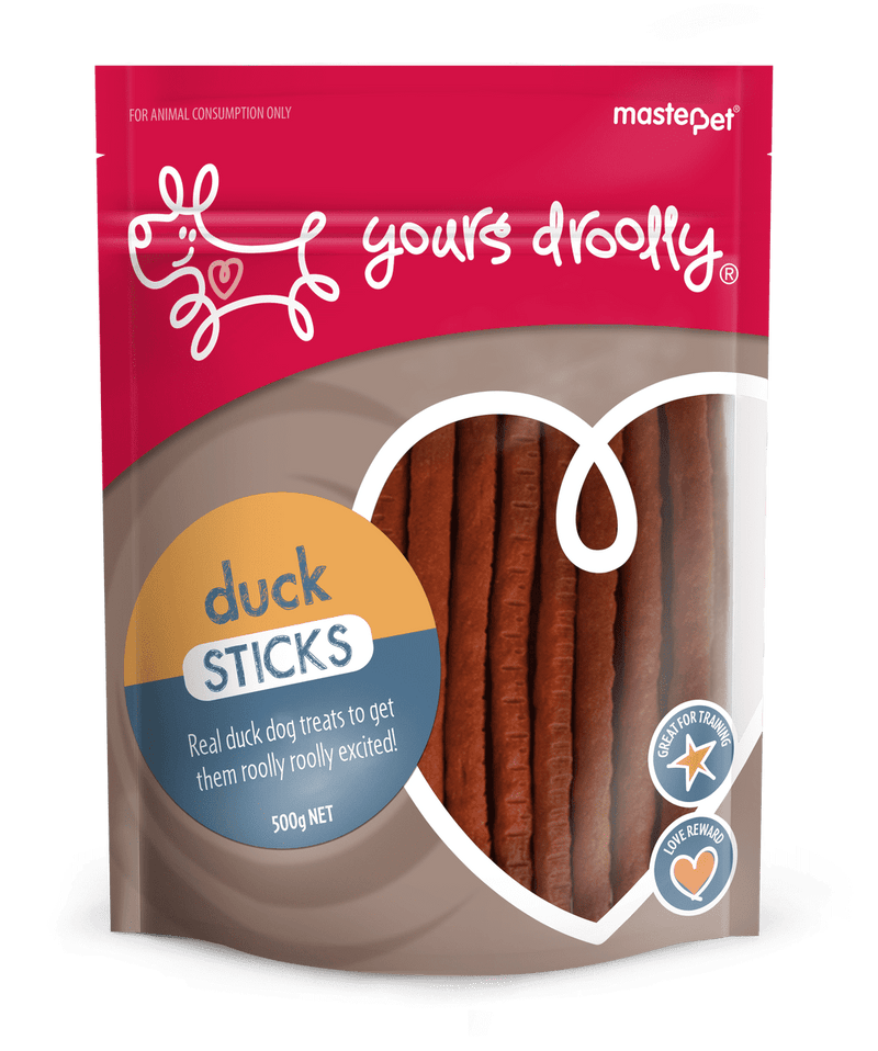 Yours Droolly Duck Sticks 500gm bag, Made using only the best ingredients, Yours droolly treats use real meat and include only the essentials, Pet Essentials Napier, Pet essentials Hastings, Pet Essentials direct, petdirect, pet stock hastings