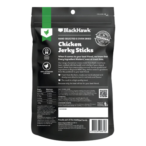 Black Hawk Treats Dog Chicken Jerky Sticks 100g back of packaging, Pet Essentials Napier 