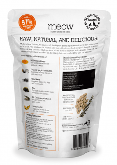 Meow Chicken & King Salmon Freeze Dried Cat Treats 50g, Pet Essentials Napier, Pets Warehouse, Pet Essentials NZ, Animates New Plymouth, mew raw natural salmon packaging
