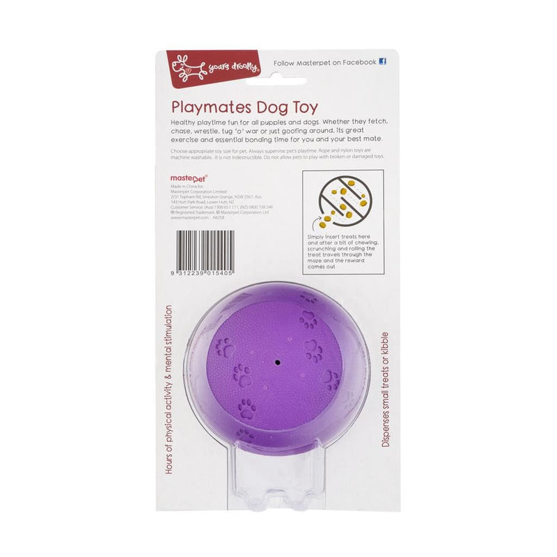 Yours Droolly Entertaineze Treat Ball in back of packaging - Pet Essentials, Pet Essentials Napier, Pet Essentials Porirua, Masterpet dog toys, Dog puzzle toys