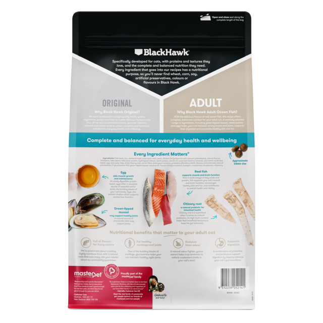 Black Hawk Original Cat Adult Ocean Fish Dry Cat Food, Back of packaging, Barcode, Pet Essentials