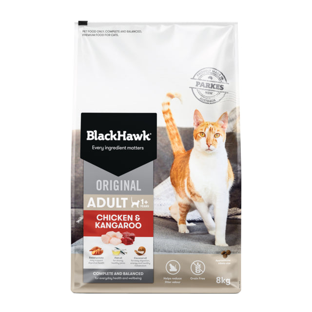 Black Hawk Original Adult Chicken & Kangaroo Dry Cat Food 8kg bag, Black Hawk Cat Food, Pet Essentials Warehouse