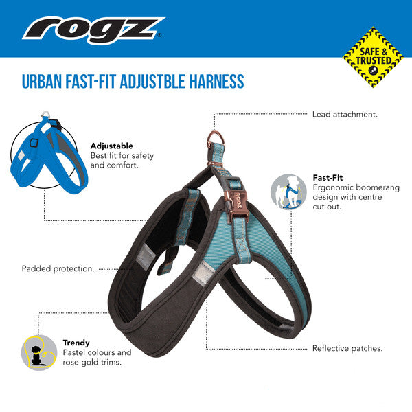 Rogz Urban Adjustable Fast Fit Dog Harness, Rogz harnesses, adjustable harness, Safe harness, soft harness, small dog harness, Pet Essentials Warehouse