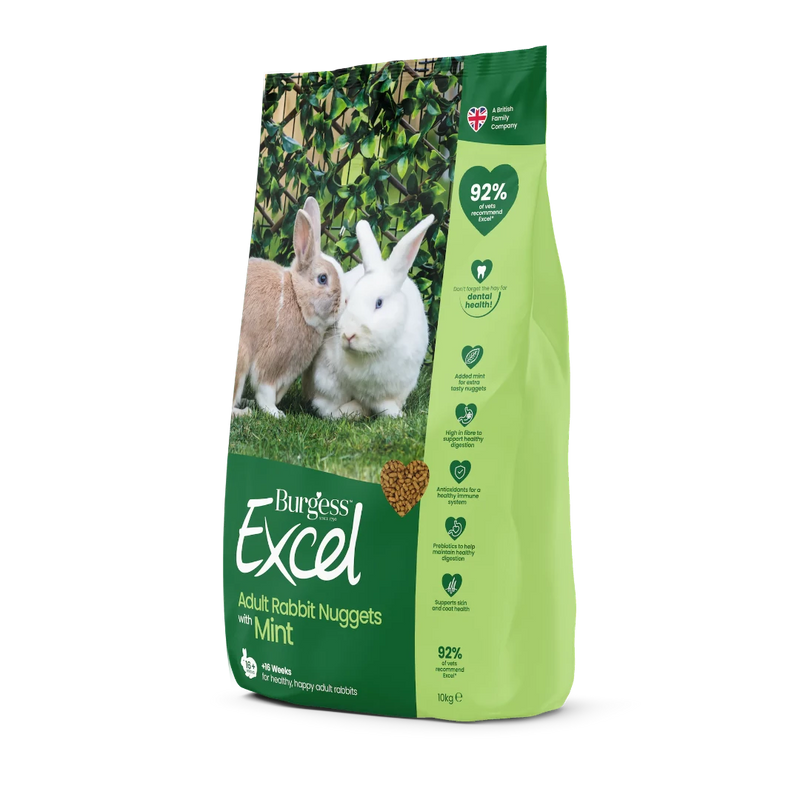 Burgess Excel Adult Rabbit Nuggets with Mint 10kg bag side view, pet essentials warehouse