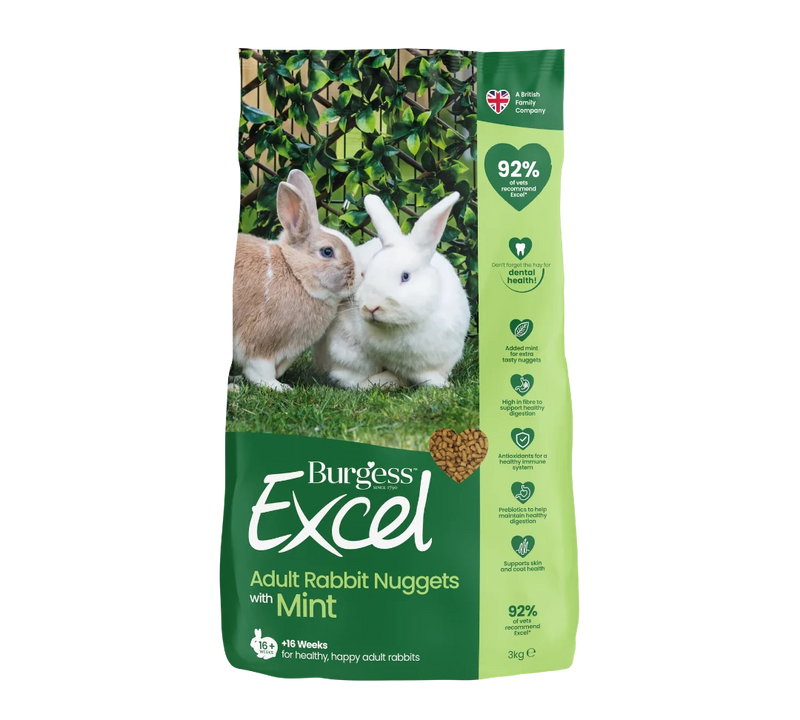 Burgess Excel Adult Rabbit Nuggets with Mint 3kg front view, pet essentials warehouse