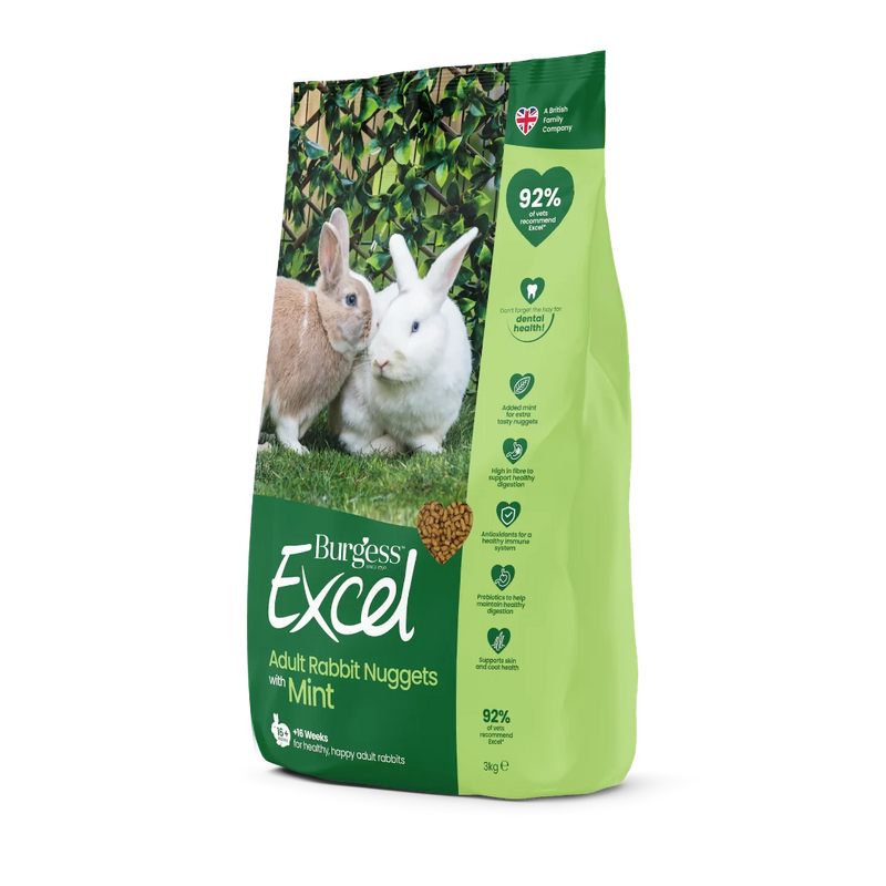 Burgess Excel Adult Rabbit Nuggets with Mint 3kg side view, pet essentials warehouse