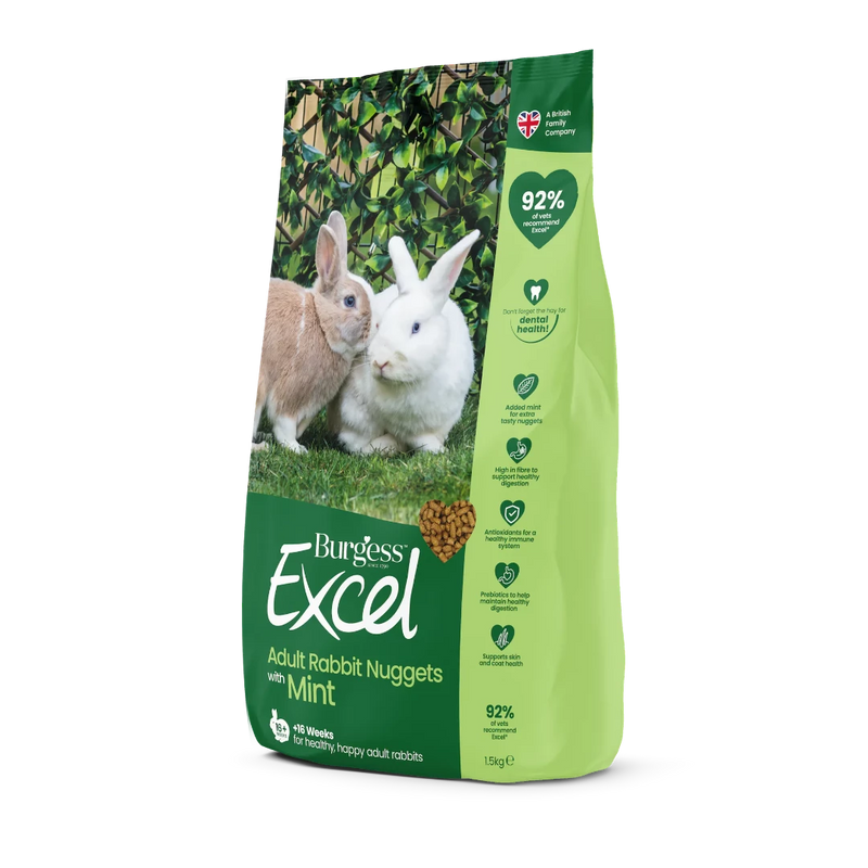 Burgess Excel Adult Rabbit Nuggets with Mint 1.5kg bag side view, pet essentials warehouse