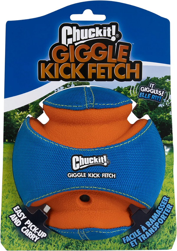 Chuckit! Giggle Kick Fetch Ball Dog Toy in packaging, pet essentials warehouse