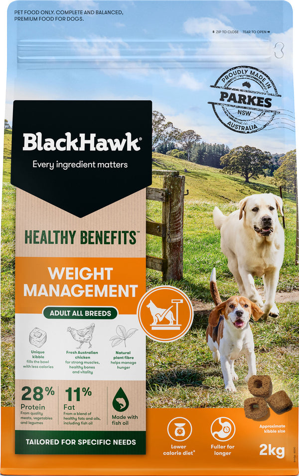 Black Hawk Healthy Benefits Weight Management Dry Dog Food 2kg, Black Hawk dog diet food, pet essentials warehouse