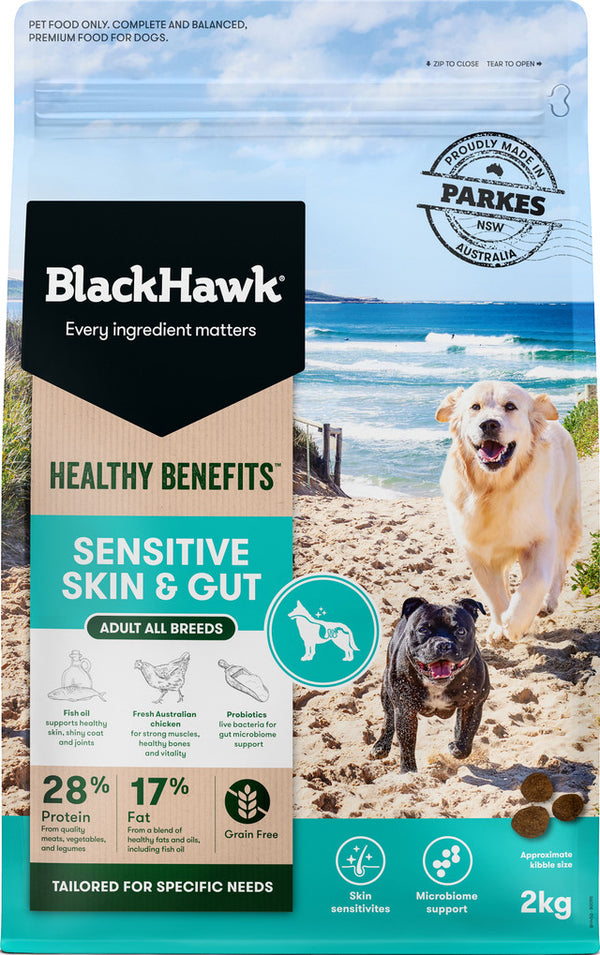 Black Hawk Healthy Benefits Sensitive Skin & Gut Dry Dog Food 2kg bag, pet essentials warehouse