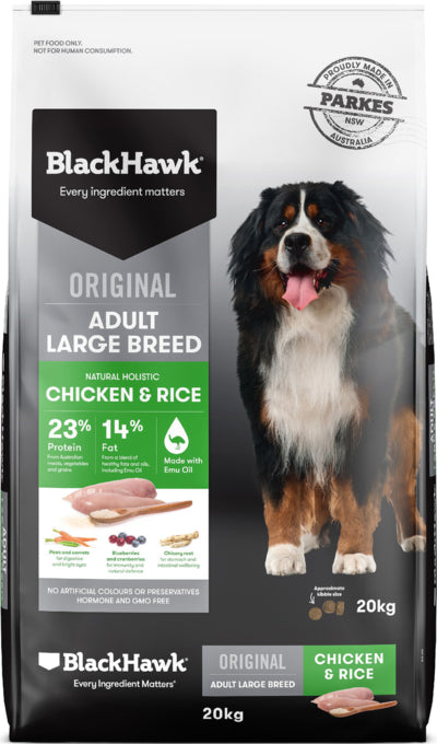 Black Hawk Dog Adult Large Breed Chicken Dog Food 20kg, Chicken and rice food for dogs, Black Hawk Dog Food, Pet Essentials Warehouse