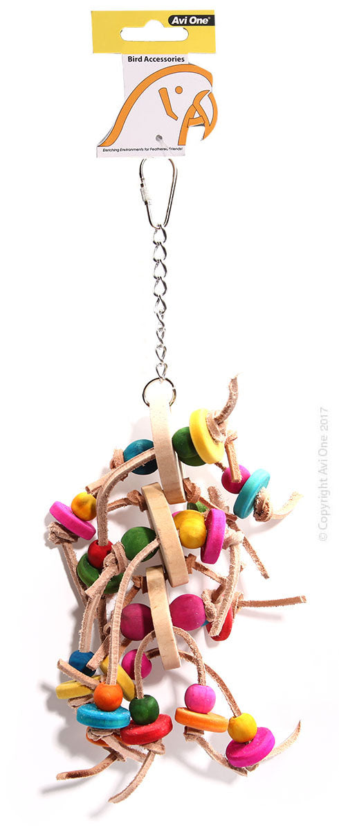 Avi One Leather Rope Wooden Discs and Coloured Beads Bird Toy, Pet Essentials Warehouse, Pet central, The parrot place