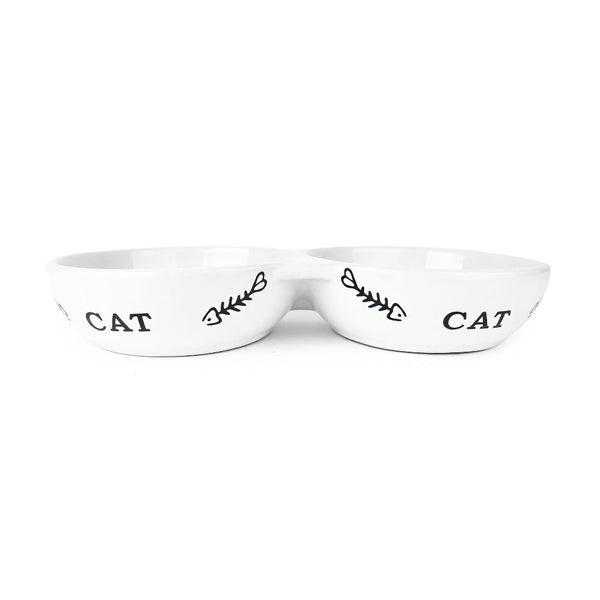 Cattitude Ceramic Cat Double Bowl Fishbone White, Ceramic double bat bowl, kitten ceramic waterer and feeder, pet essentials warehouse