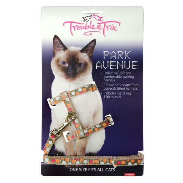 Trouble & Trix Park Ave Circle Harness and Lead Set, One Size fits all, Park Avenue cat harness, Pet Essentials Warehouse