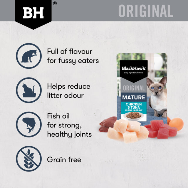 Black Hawk Original Adult Mature Chicken & Tuna in Gravy Wet Cat Food, Mature cat food, food for older cats, Black Hawk cat food, Pet Essentials Warehouse