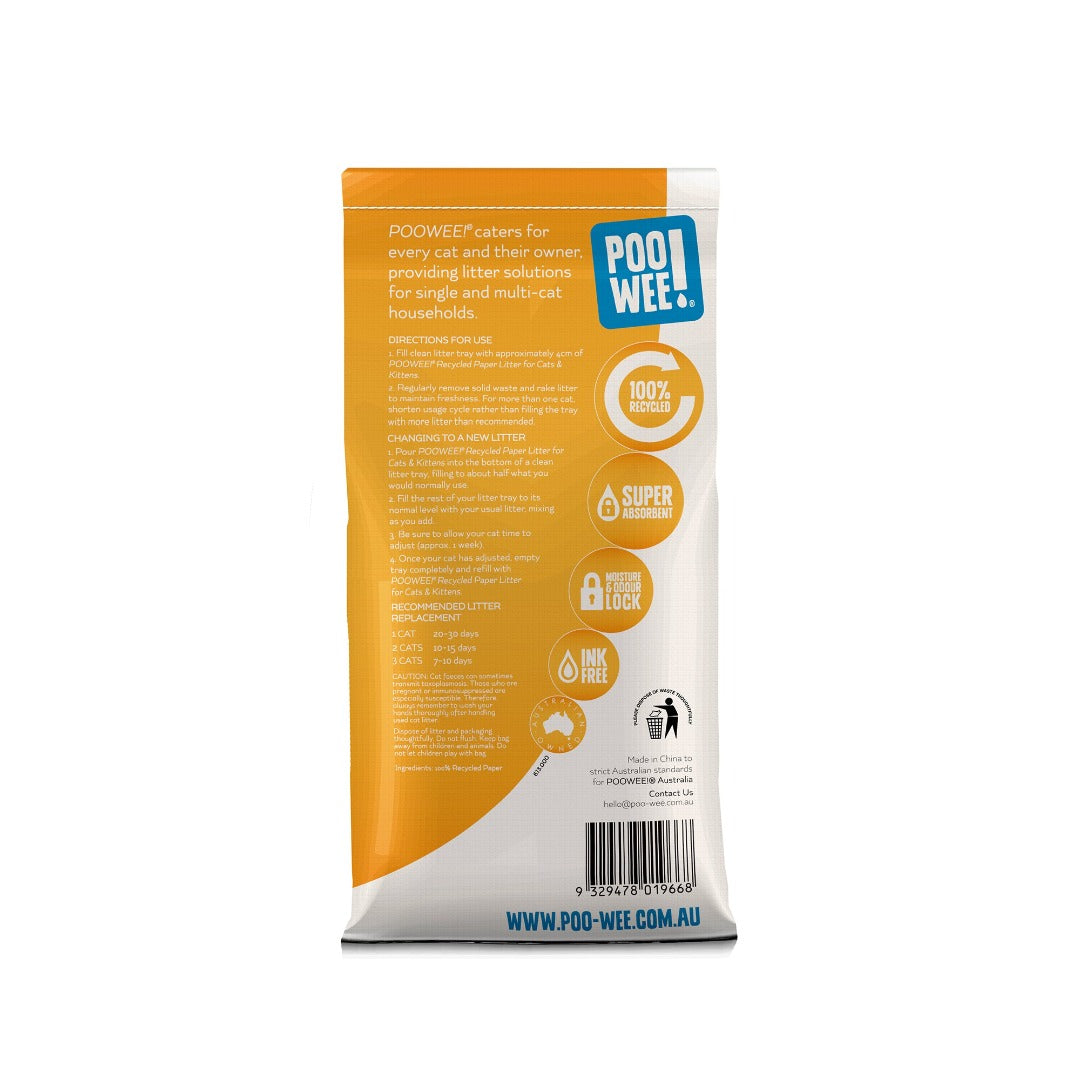 PooWee Ink Free Recycled Paper Cat Litter 30L, Kitty Fresh Recycled cat litter paper back view, pet essentials warehouse
