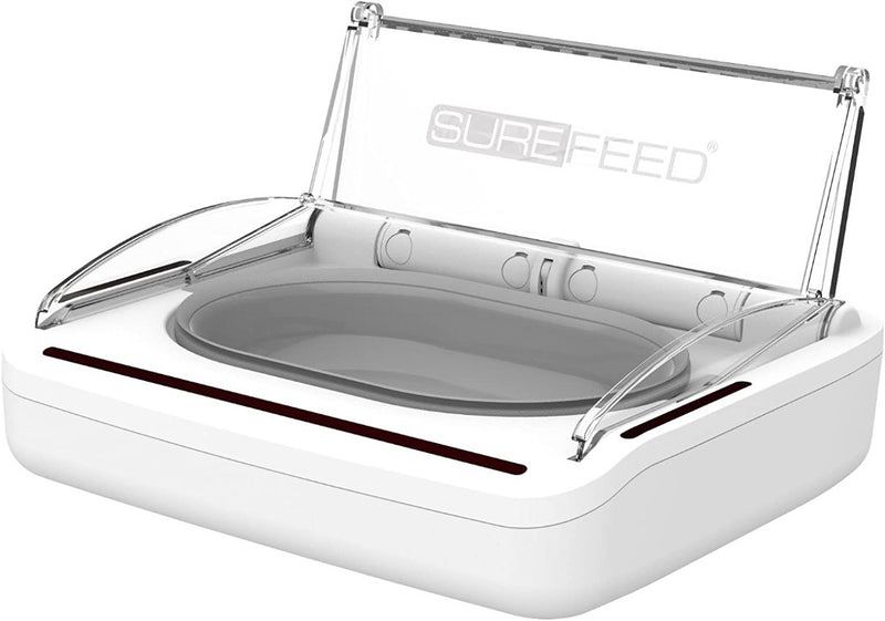SureFeed Sealed Pet Bowl with the lid open, surepet care motion bowl with the lid open, pet essentials warehouse