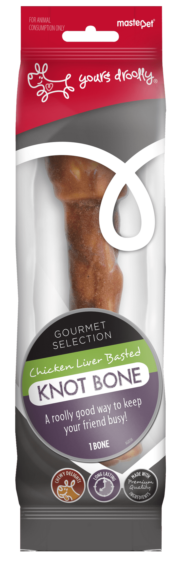 Yours Droolly Chicken Liver Basted Knot Bone Dog Treats single pack, dog rawhide knot bones, pet essentials warehouse, pet city