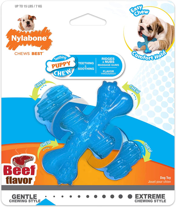 Nylabone Puppy Chew X Bone Dog Toy, Puppy chew toy, Beef chew toy, Pet Essentials Warehouse