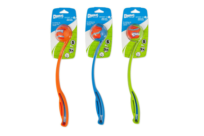 Chuckit Ball Launcher small, orange blue and green ball throwers, pet essentials warehouse