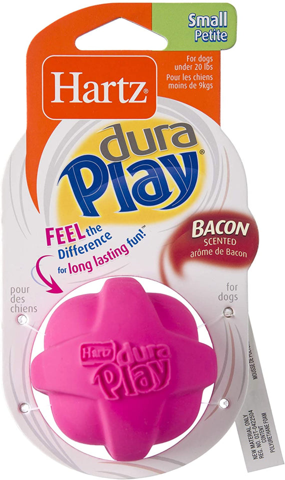 Hartz Dura Play Ball Dog Toy, Packaging front, dog toy bacon scented, small ball dog toy, Pet Essentials Warehouse