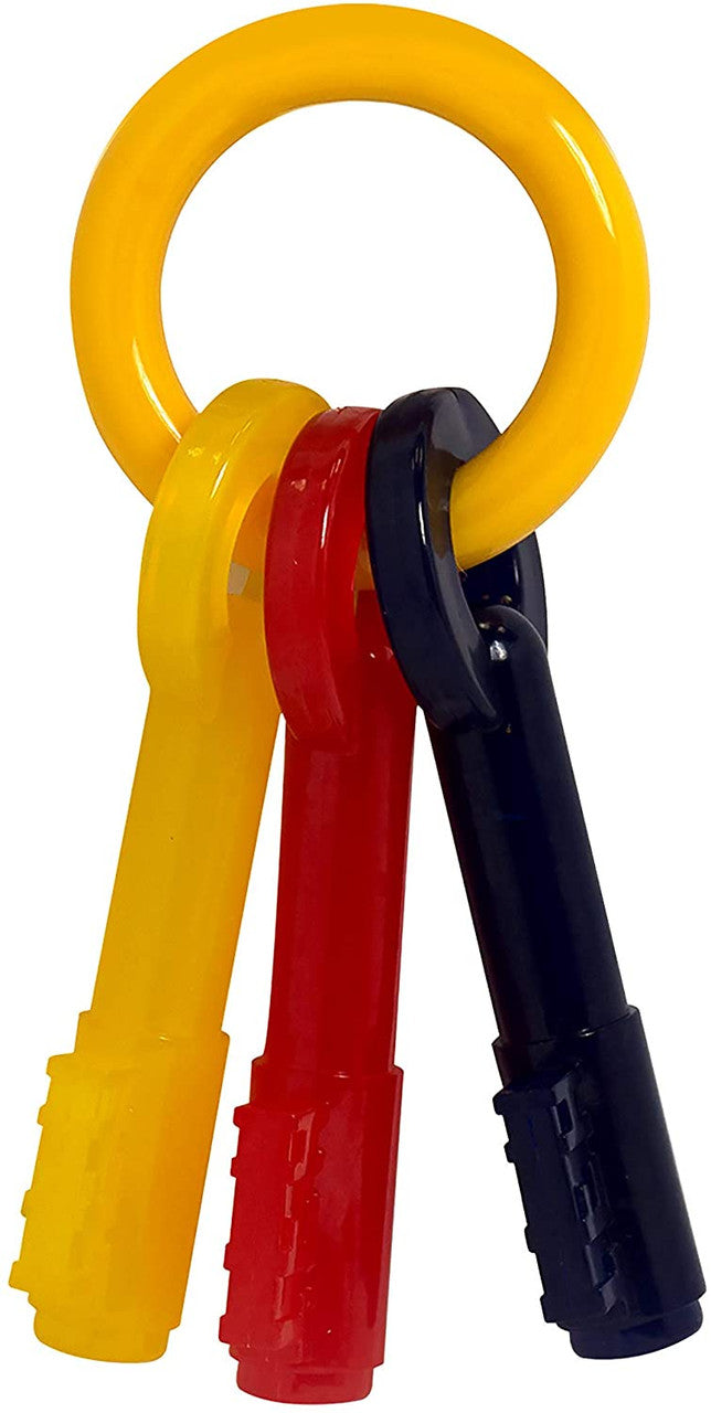 Nylabone Puppy Chew Teething Keys yellow ring, yellow red and blue puppy chew toys, pet essentials warehouse
