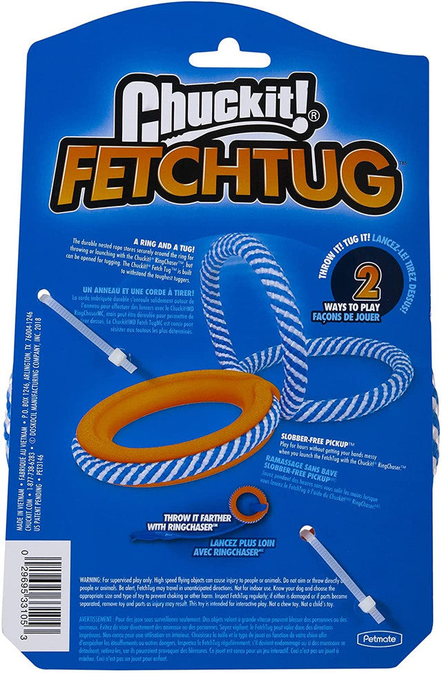Chuckit! Fetch Tug Dog Toy back of packaging, pet essentials warehouse