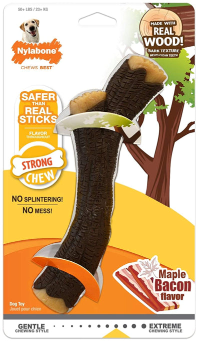 Nylabone Strong Chew Wood Stick Dog Toy, Large Dog Toy, Made with real wood, Bacon flavor, Pet Essentials Warehouse