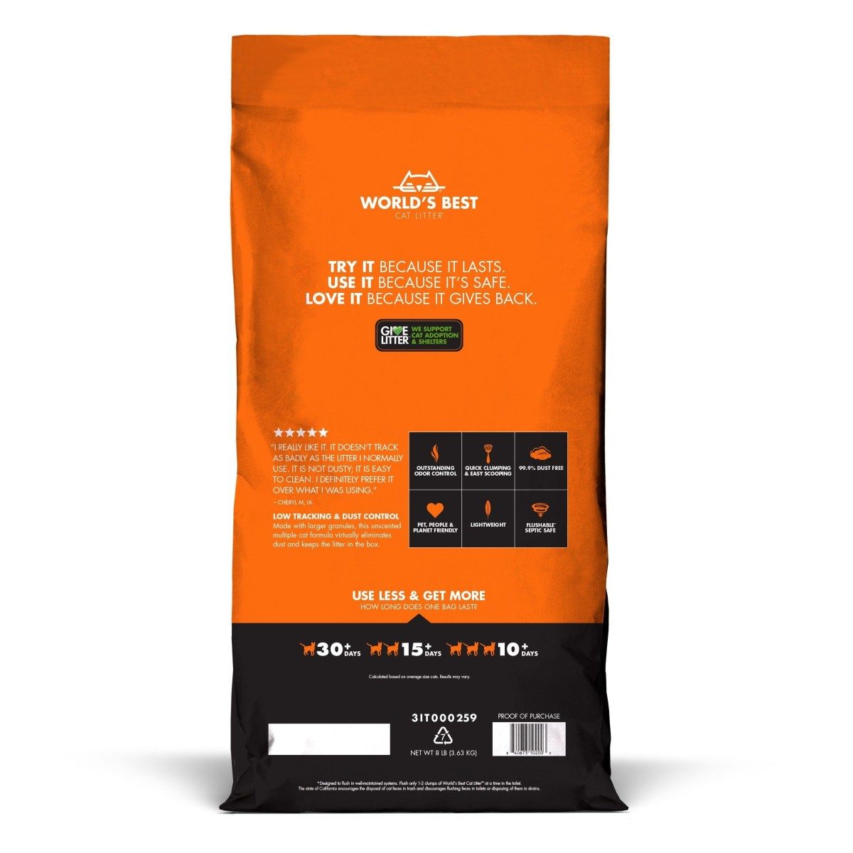 World's Best Cat Litter Low Tracking & Dust Control back of packaging barcode, pet essentials warehouse