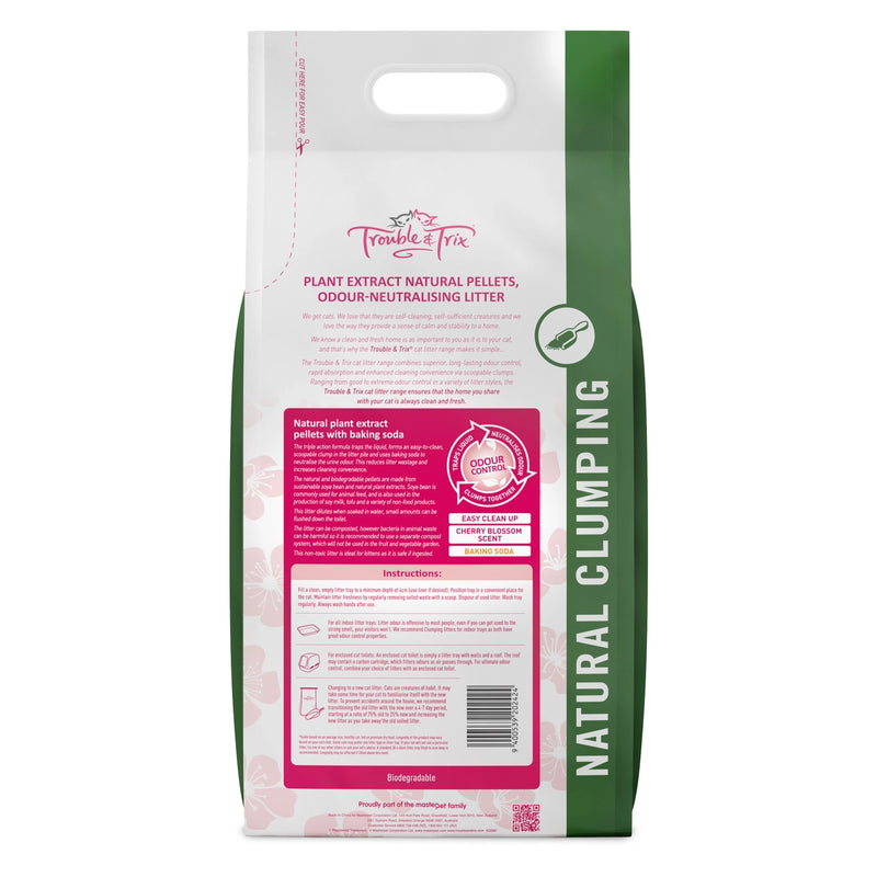 Trouble & Trix Natural Cherry Blossom Scent Pellet Cat Litter back of packaging, barcode, Natural cat litter, clumping cat litter, pet essentials warehouse