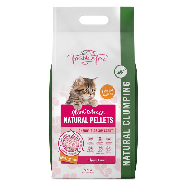 Trouble & Trix Natural Cherry Blossom Scent Pellet Cat Litter, Natural cat litter, clumping cat litter, pet essentials warehouse