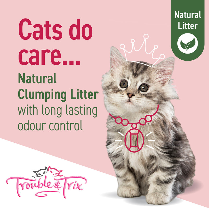 Trouble & Trix Natural Cherry Blossom Scent Pellet Cat Litter, Natural cat litter, clumping cat litter poster with kitten, pet essentials warehouse