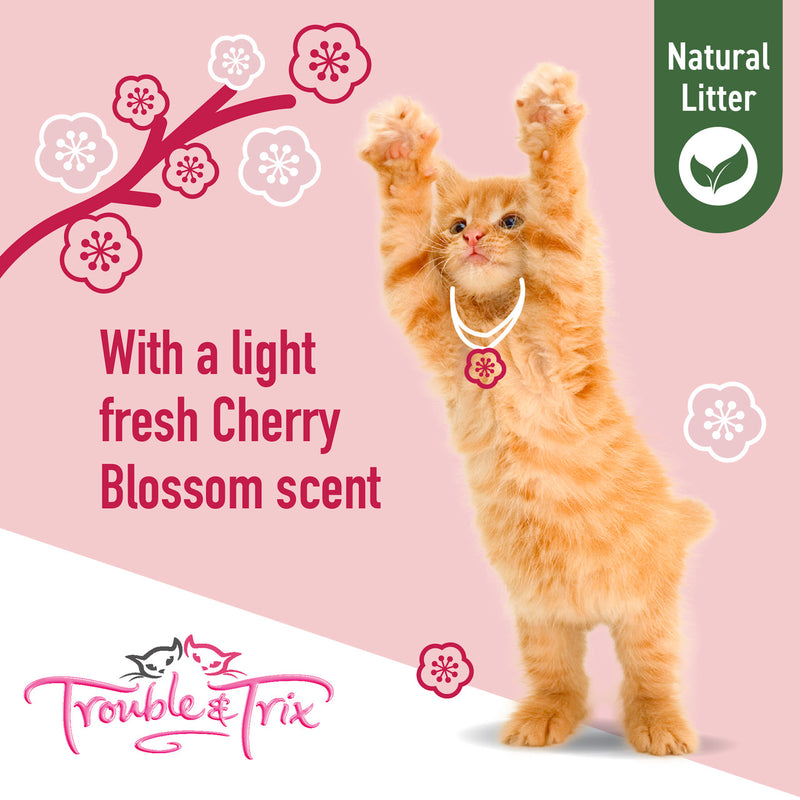 Trouble & Trix Natural Cherry Blossom Scent Pellet Cat Litter, Natural cat litter, clumping cat litter with light fresh cherry scent post, ginger kitten, pet essentials warehouse