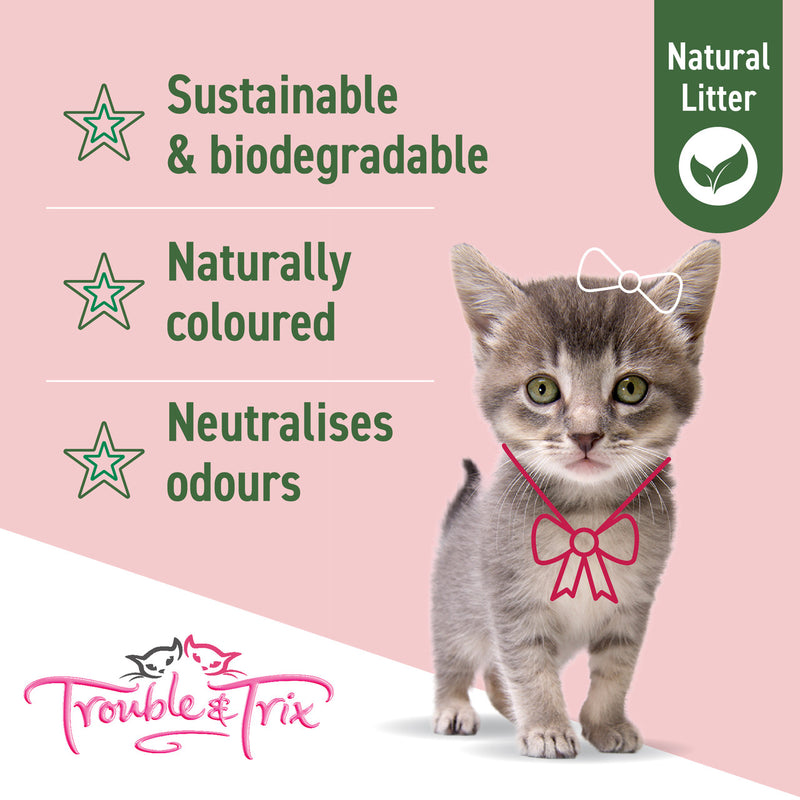 Trouble & Trix Natural Cherry Blossom Scent Pellet Cat Litter, Natural cat litter, clumping cat litter sustainable & biodegradable poster , pet essentials warehouse