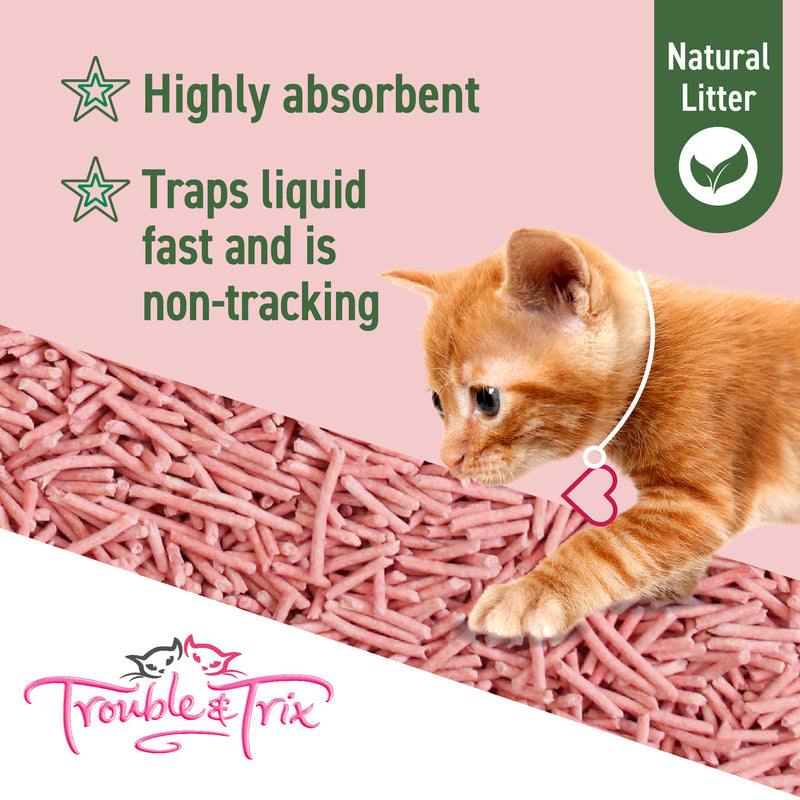 Trouble & Trix Natural Cherry Blossom Scent Pellet Cat Litter highly absorbent poster, ginger kitten, Natural cat litter, clumping cat litter, pet essentials warehouse