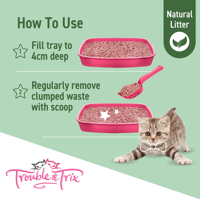 Trouble & Trix Natural Cherry Blossom Scent Pellet Cat Litter, Natural cat litter, clumping cat litter how to use and transition cat, pet essentials warehouse