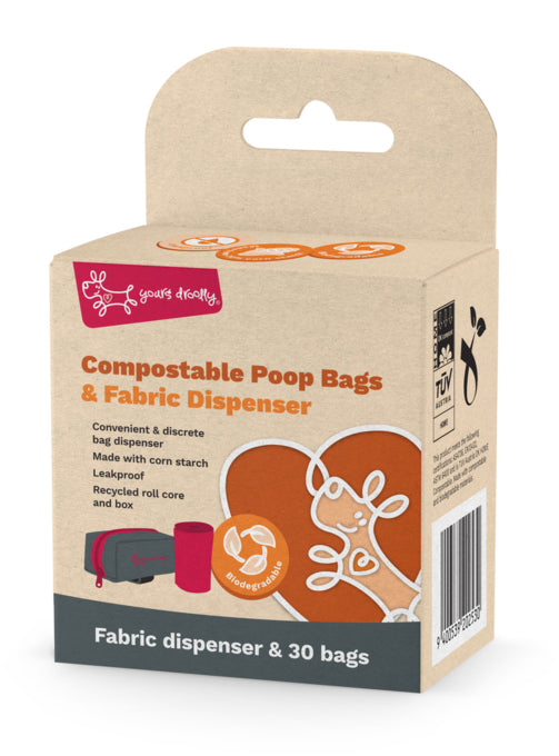 Yours Droolly Compostable Poop Bags with Dispenser, Dog Waste bags, Dispenser for poop bags, Biodegradable, Fabric dispenser poop bag, Pet Essentials Warehouse