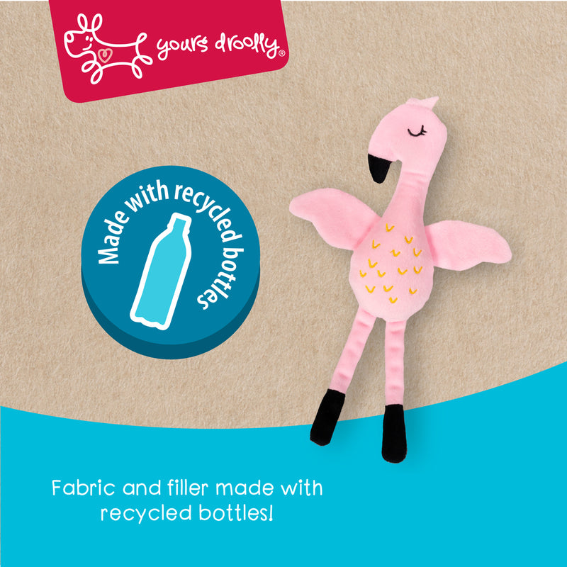Yours Droolly Recyclies Flamingo Dog toy made from plastic bottles, pet essentials warehouse