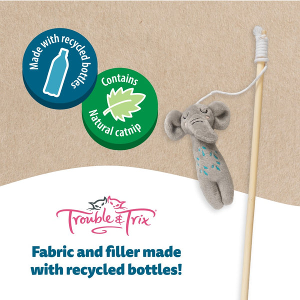 TROUBLE & TRIX RECYCLIES CAT TOY - ELEPHANT WAND, Catnip cat toy, Recycled bottle cat toy, Recycled cat toy, Pet Essentials Warehouse