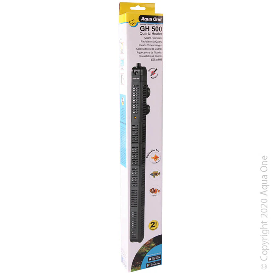 Aqua One Quartz Glass Heater With Cover 500w heater, Pet Essentials Warehouse